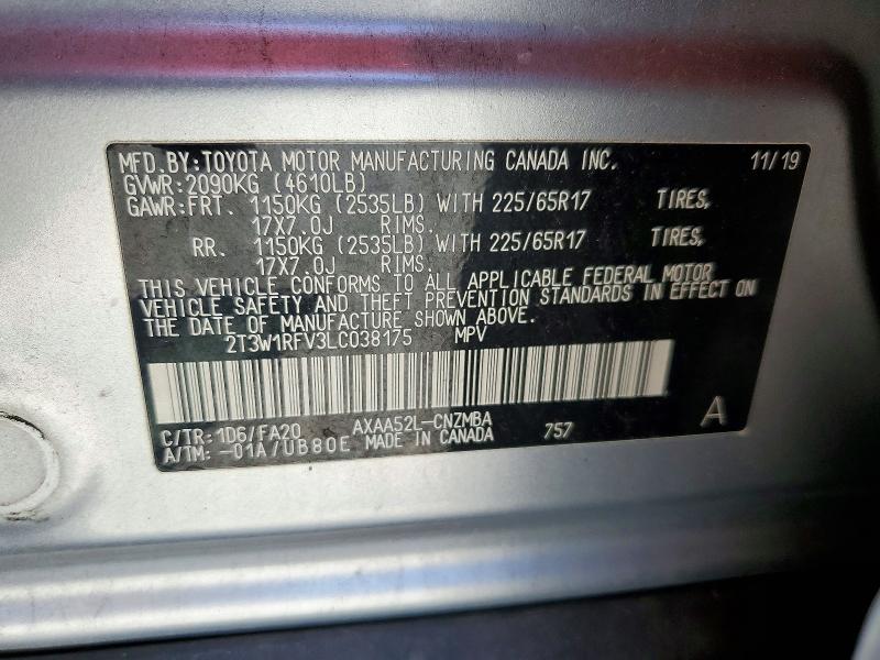 Aukcja sprzedaży 2020 Toyota Rav4, vin: 2T3W1RFV3LC038175, numer aukcji: 57190576