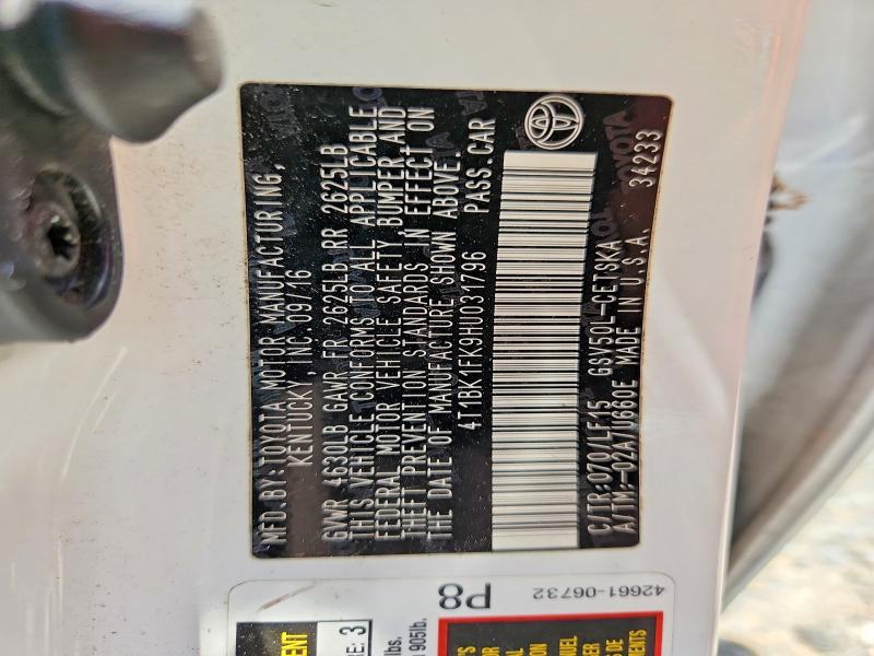 2017 Toyota Camry მანქანა იყიდება აუქციონზე, vin: 4T1BK1FK9HU031796, აუქციონის ნომერი: 56030786