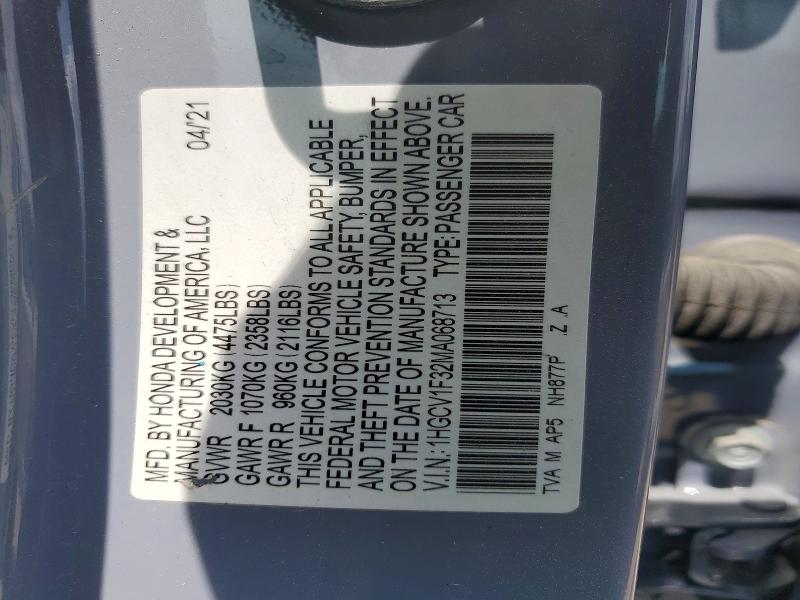 Продажа на аукционе авто 2021 Honda Accord, vin: 1HGCV1F32MA068713, номер лота: 57024966