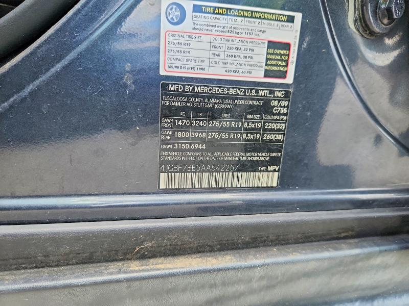 58099596 :رقم المزاد ، 4JGBF7BE5AA542257 vin ، 2010 Mercedes-benz Gl-class مزاد بيع