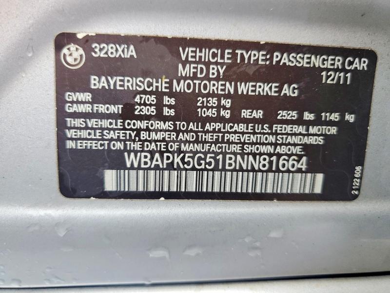 Продажа на аукционе авто 2011 Bmw 328, vin: WBAPK5G51BNN81664, номер лота: 58697276
