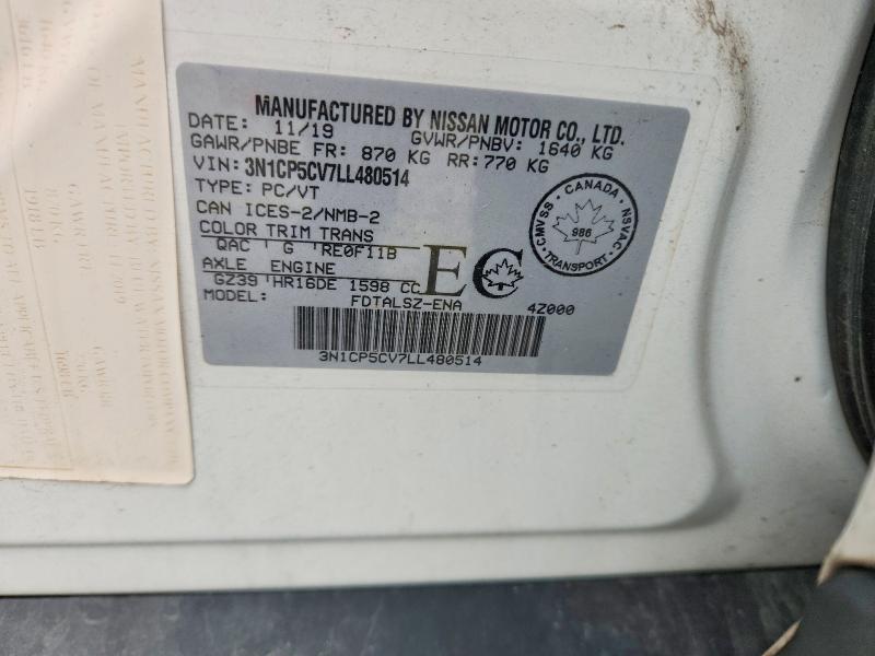 57291836 :رقم المزاد ، 3N1CP5CV7LL480514 vin ، 2020 Nissan Kicks مزاد بيع