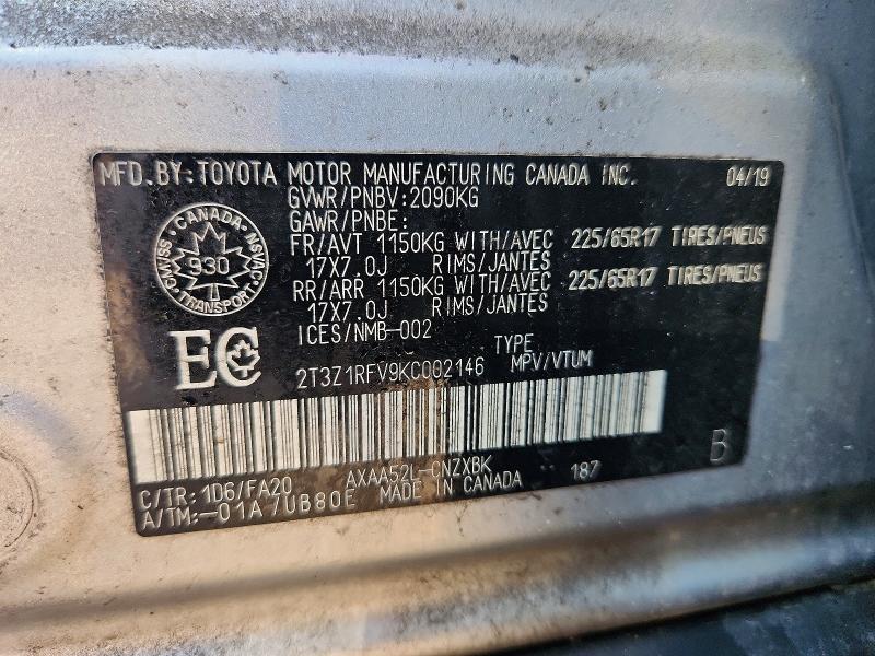 57572346 :رقم المزاد ، 2T3Z1RFV9KC002146 vin ، 2019 Toyota Rav4 مزاد بيع