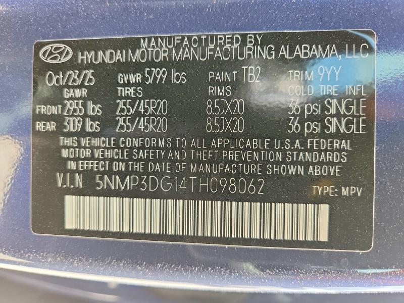 Aukcja sprzedaży 2026 Hyundai Santa Fe, vin: 5NMP3DG14TH098062, numer aukcji: 57602376