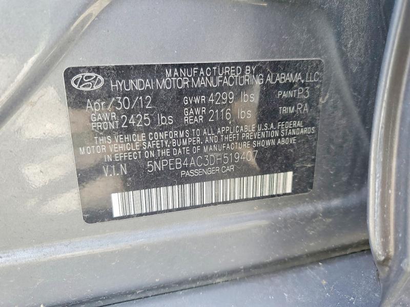 57052956 :رقم المزاد ، 5NPEB4AC3DH519407 vin ، 2013 Hyundai Sonata مزاد بيع