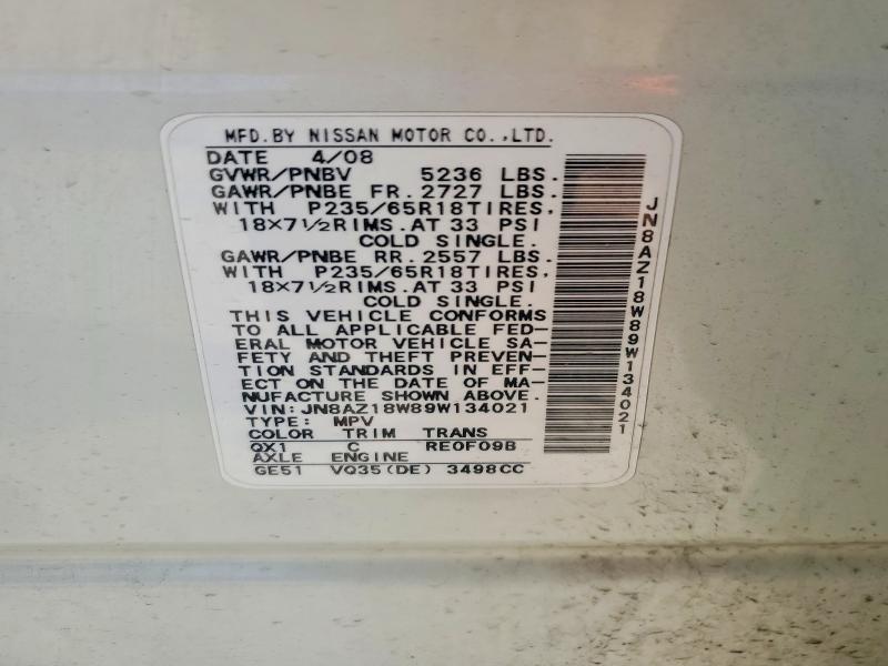 Продажа на аукционе авто 2009 Nissan Murano, vin: JN8AZ18W89W134021, номер лота: 57404316