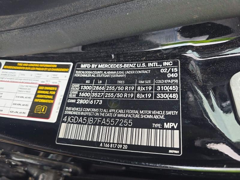 59530106 :رقم المزاد ، 4JGDA5JB7FA557255 vin ، 2015 Mercedes-benz Ml مزاد بيع