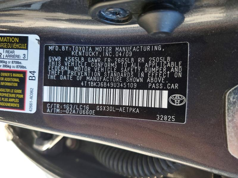 56051826 :رقم المزاد ، 4T1BK36B49U345109 vin ، 2009 Toyota Avalon مزاد بيع