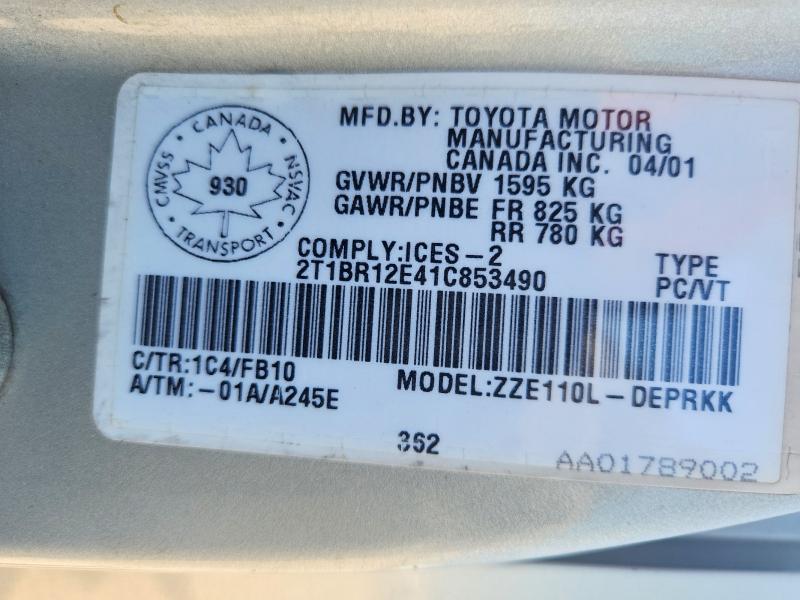 Продажа на аукционе авто 2001 Toyota Corolla, vin: 2T1BR12E41C853490, номер лота: 58662586