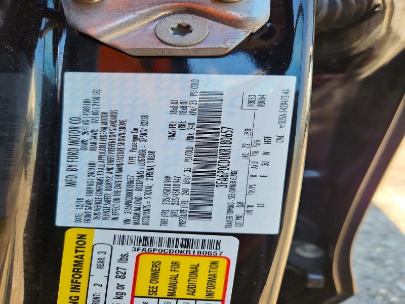 58147446 :رقم المزاد ، 3FA6P0CD0KR180657 vin ، 2019 Ford Fusion مزاد بيع