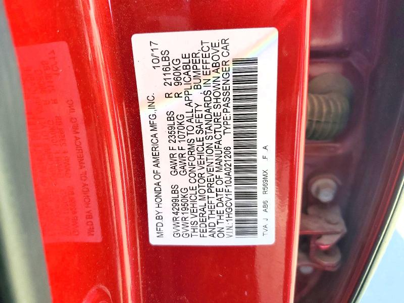 57750846 :رقم المزاد ، 1HGCV1F10JA021206 vin ، 2018 Honda Accord مزاد بيع