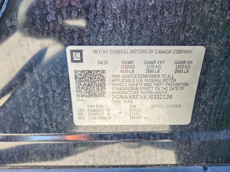 Aukcja sprzedaży 2018 Chevrolet Equinox, vin: 2GNAXSEV8J6322126, numer aukcji: 58087166