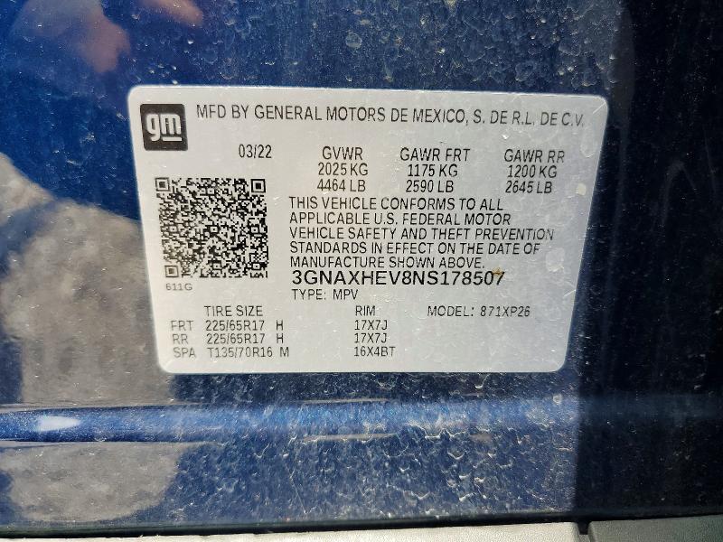 Aukcja sprzedaży 2022 Chevrolet Equinox, vin: 3GNAXHEV8NS178507, numer aukcji: 58371406