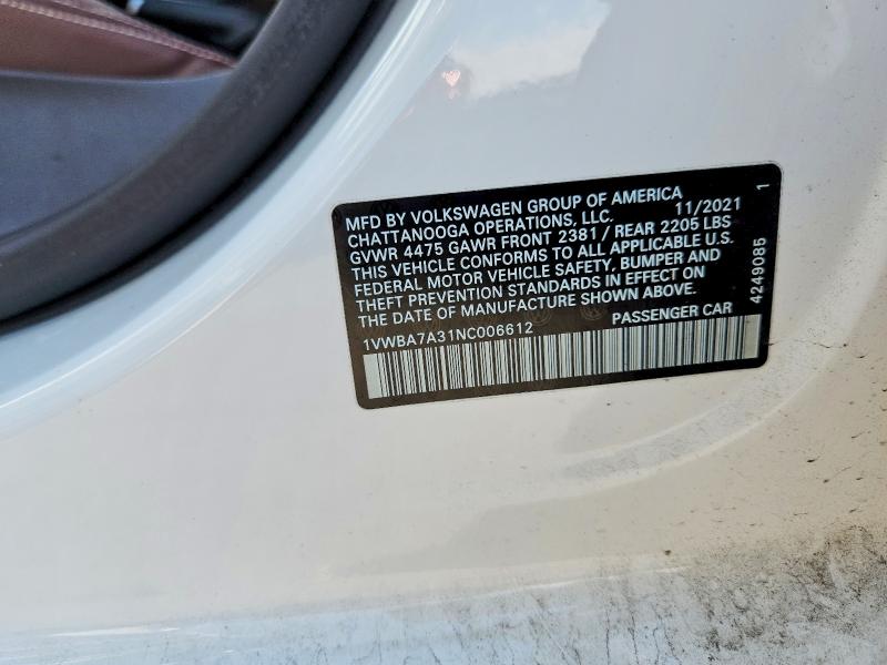 57441966 :رقم المزاد ، 1VWBA7A31NC006612 vin ، 2022 Volkswagen Passat مزاد بيع