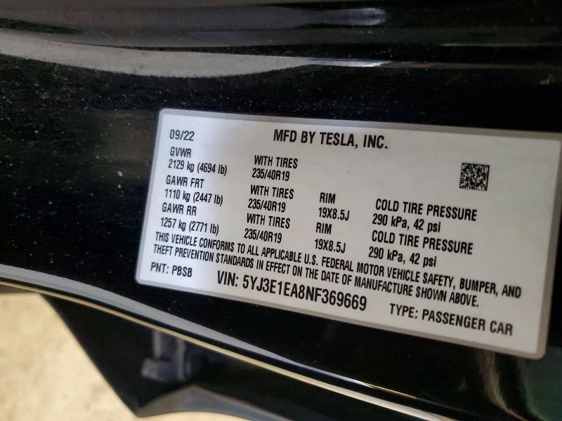 Продаж на аукціоні авто 2022 Tesla Model 3, vin: 5YJ3E1EA8NF369669, номер лоту: 59149536