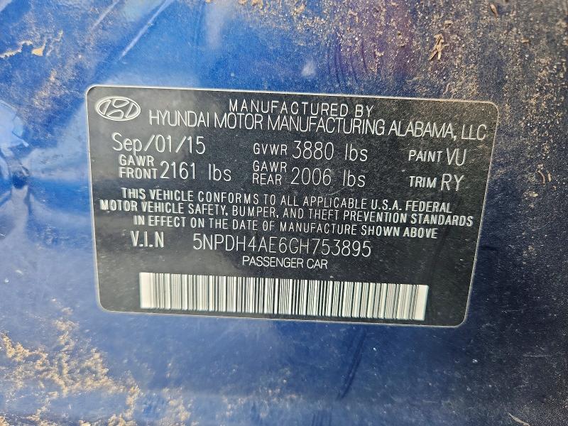 2016 Hyundai Elantra მანქანა იყიდება აუქციონზე, vin: 5NPDH4AE6GH753895, აუქციონის ნომერი: 56846486