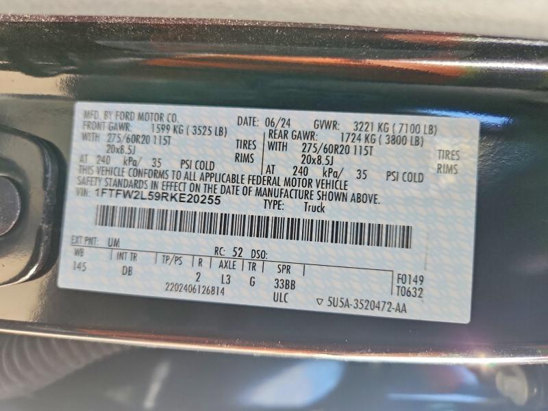 56580956 :رقم المزاد ، 1FTFW2L59RKE20255 vin ، 2024 Ford F150 مزاد بيع