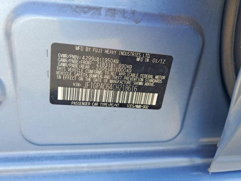 Aukcja sprzedaży 2012 Subaru Impreza, vin: JF1GPAC64CH218616, numer aukcji: 59227846