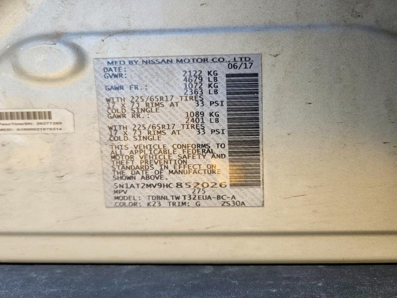 2017 Nissan Rogue მანქანა იყიდება აუქციონზე, vin: 5N1AT2MV9HC852026, აუქციონის ნომერი: 55690156