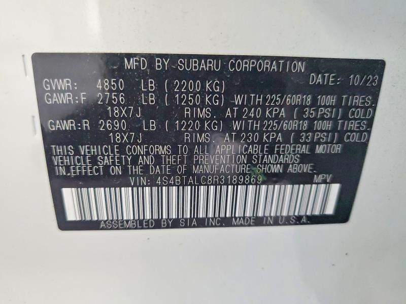 2024 Subaru Outback მანქანა იყიდება აუქციონზე, vin: 4S4BTALC8R3189869, აუქციონის ნომერი: 58193316