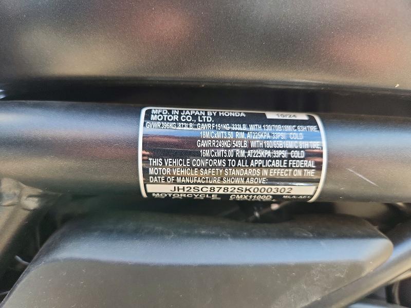 58085206 :رقم المزاد ، JH2SC8782SK000302 vin ، 2025 Honda Cmx1100 مزاد بيع