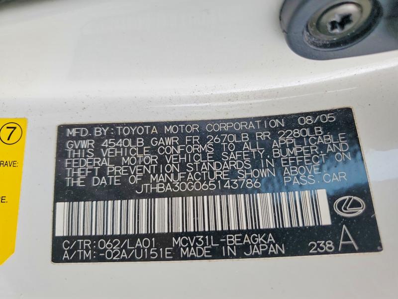 Продажа на аукционе авто 2006 Lexus Es, vin: JTHBA30G065143786, номер лота: 58977876