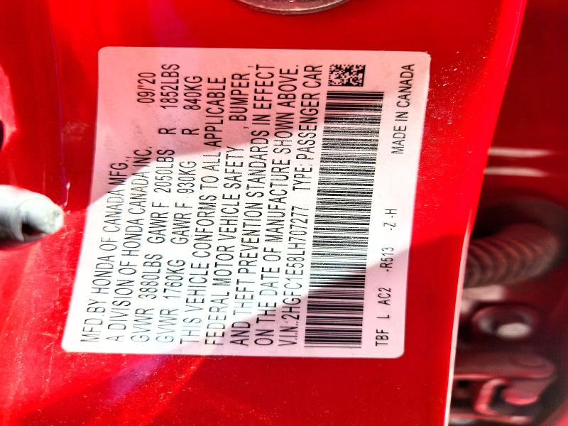 Продаж на аукціоні авто 2020 Honda Civic, vin: 2HGFC1E58LH707277, номер лоту: 56971886