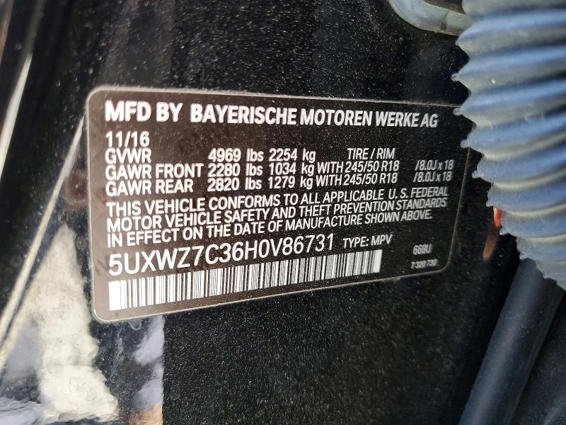 2017 Bmw X3 მანქანა იყიდება აუქციონზე, vin: 5UXWZ7C36H0V86731, აუქციონის ნომერი: 57956036