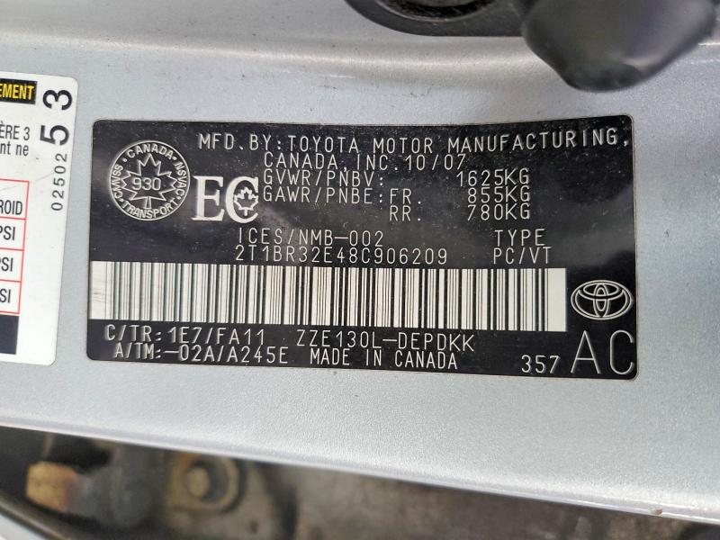 Продажа на аукционе авто 2008 Toyota Corolla, vin: 2T1BR32E48C906209, номер лота: 56855206