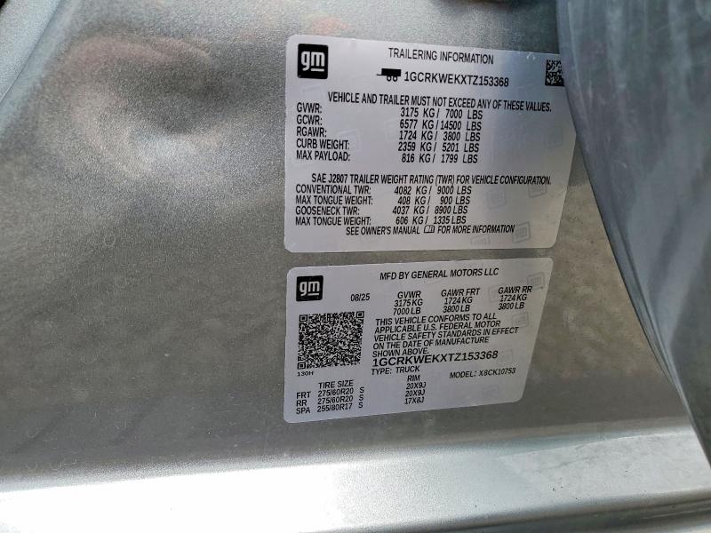 2026 Chevrolet Silverado მანქანა იყიდება აუქციონზე, vin: 1GCRKWEKXTZ153368, აუქციონის ნომერი: 55460686