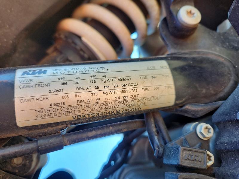 2019 Ktm 790 მანქანა იყიდება აუქციონზე, vin: VBKTS3404KM765080, აუქციონის ნომერი: 57065316