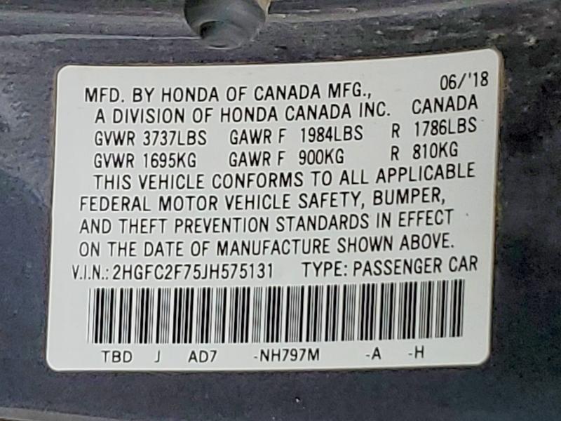 Продажа на аукционе авто 2018 Honda Civic, vin: 2HGFC2F75JH575131, номер лота: 58334206