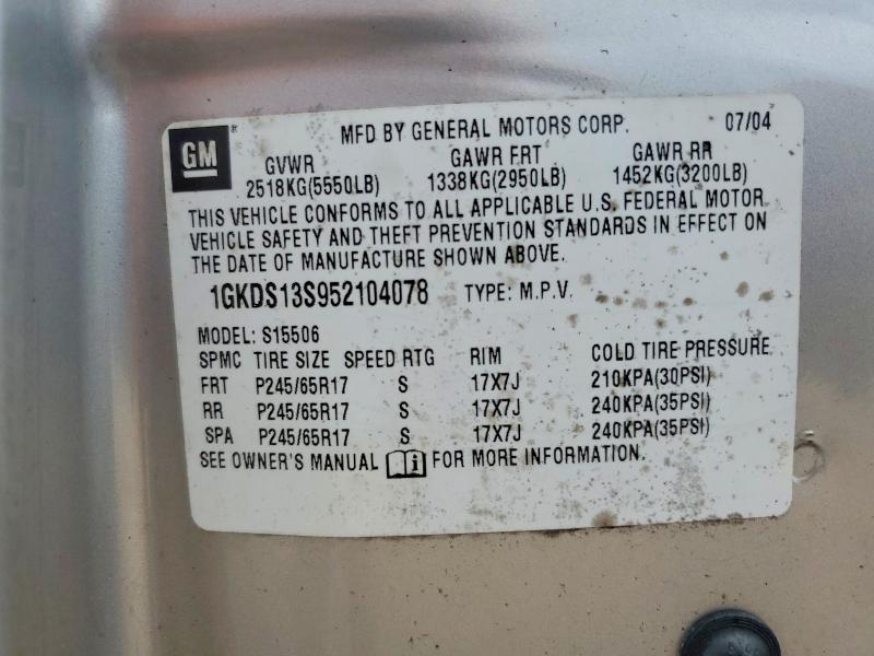 2005 Gmc Envoy მანქანა იყიდება აუქციონზე, vin: 1GKDS13S952104078, აუქციონის ნომერი: 57931586