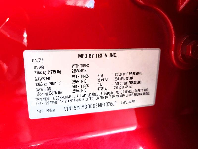 Aukcja sprzedaży 2021 Tesla Model Y, vin: 5YJYGDED8MF107600, numer aukcji: 58239576