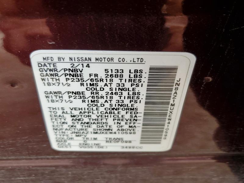 Aukcja sprzedaży 2014 Nissan Murano, vin: JN8AZ1MUXEW410598, numer aukcji: 55952326