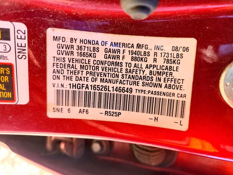 58748776 :رقم المزاد ، 1HGFA16526L146649 vin ، 2006 Honda Civic مزاد بيع