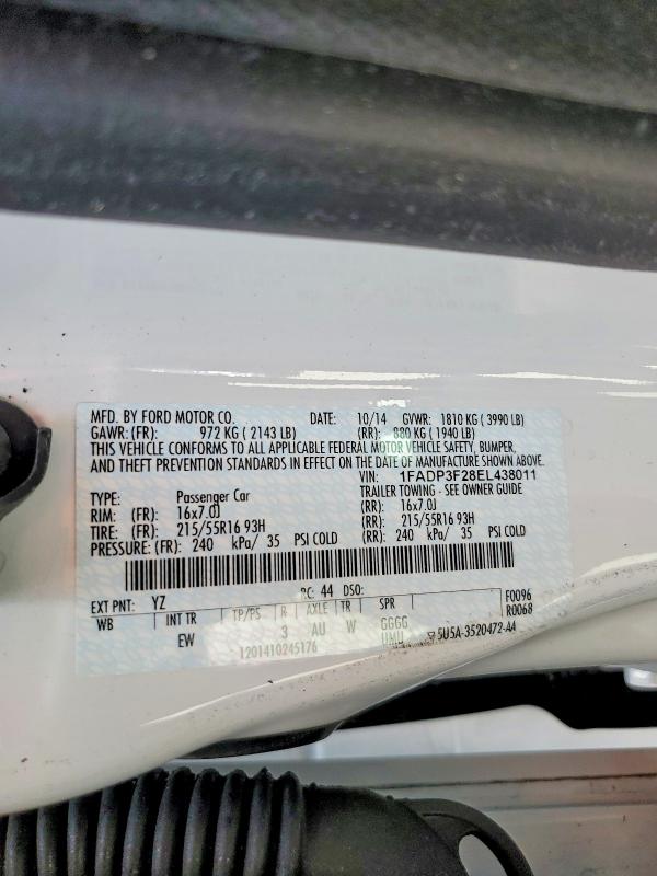 Продаж на аукціоні авто 2014 Ford Focus, vin: 1FADP3F28EL438011, номер лоту: 58711076