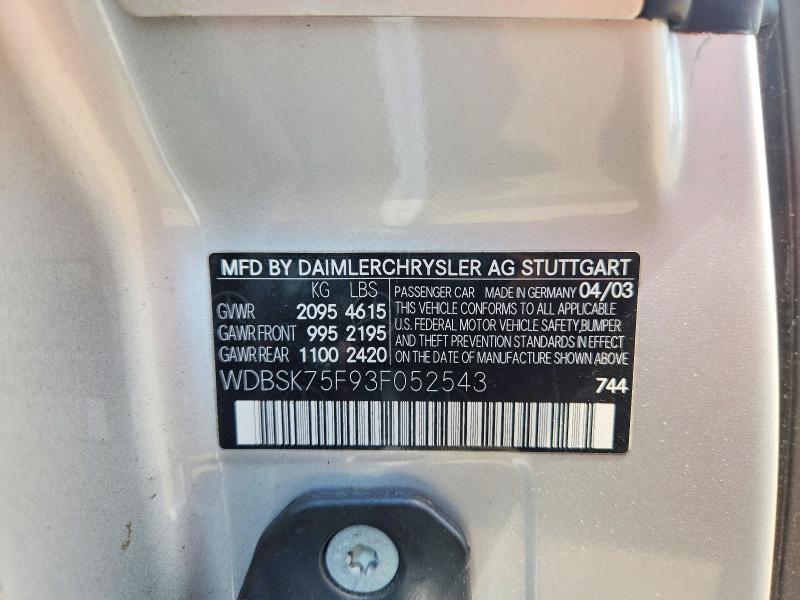 Aukcja sprzedaży 2003 Mercedes-benz Sl, vin: WDBSK75F93F052543, numer aukcji: 56891796