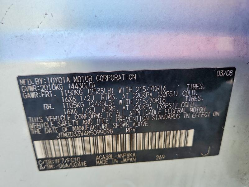 Aukcja sprzedaży 2008 Toyota Rav4, vin: JTMZD33V485099098, numer aukcji: 55976386
