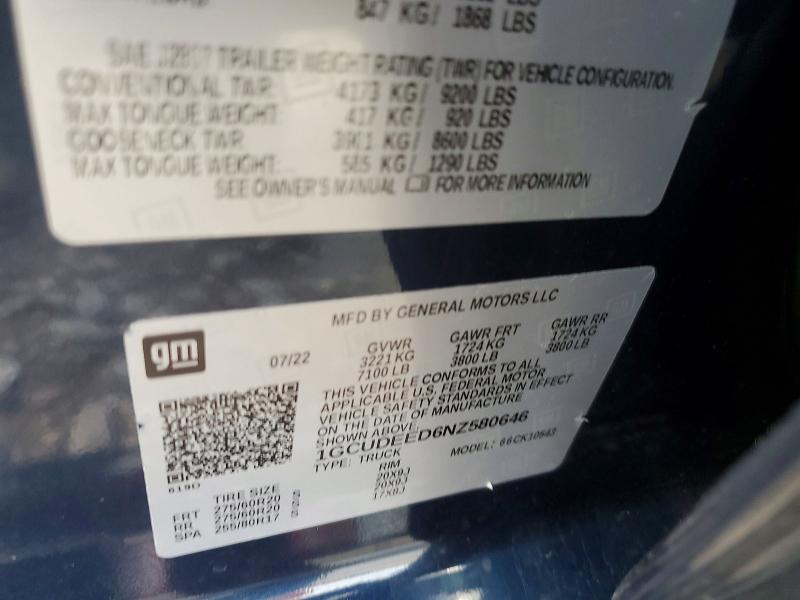 Aukcja sprzedaży 2022 Chevrolet Silverado, vin: 1GCUDEED6NZ580646, numer aukcji: 57757336