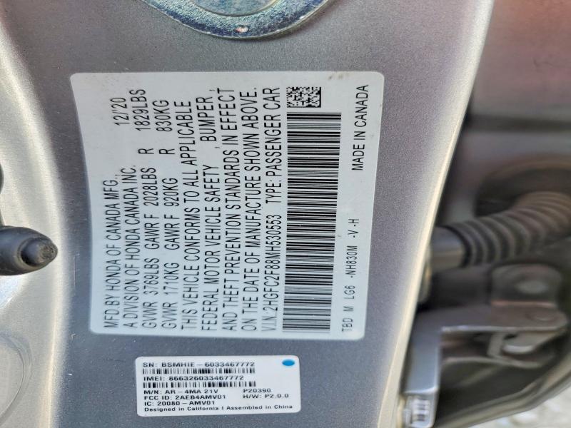 Продаж на аукціоні авто 2021 Honda Civic, vin: 2HGFC2F88MH530553, номер лоту: 55638016