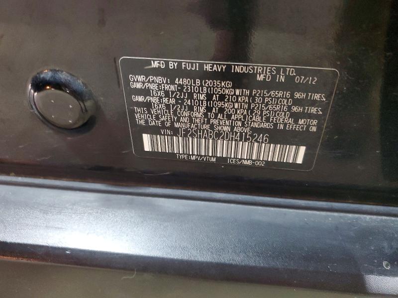 2013 Subaru Forester მანქანა იყიდება აუქციონზე, vin: JF2SHABC2DH415246, აუქციონის ნომერი: 58308286