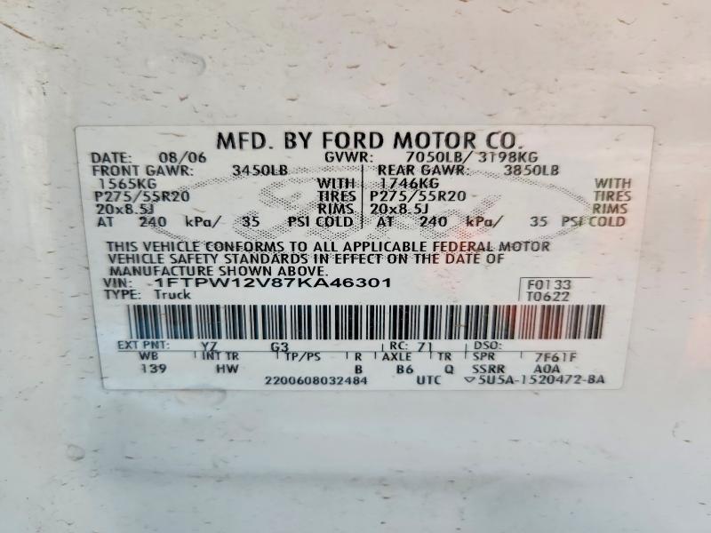 Aukcja sprzedaży 2007 Ford F150, vin: 1FTPW12V87KA46301, numer aukcji: 58759986