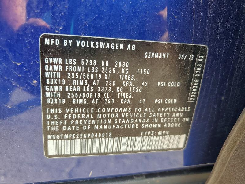 59113696 :رقم المزاد ، WVGTMPE23NP049918 vin ، 2022 Volkswagen Id.4 مزاد بيع