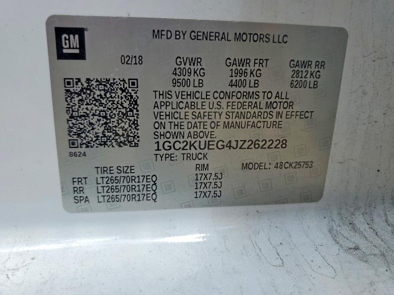 Aukcja sprzedaży 2018 Chevrolet Silverado, vin: 1GC2KUEG4JZ262228, numer aukcji: 59101036