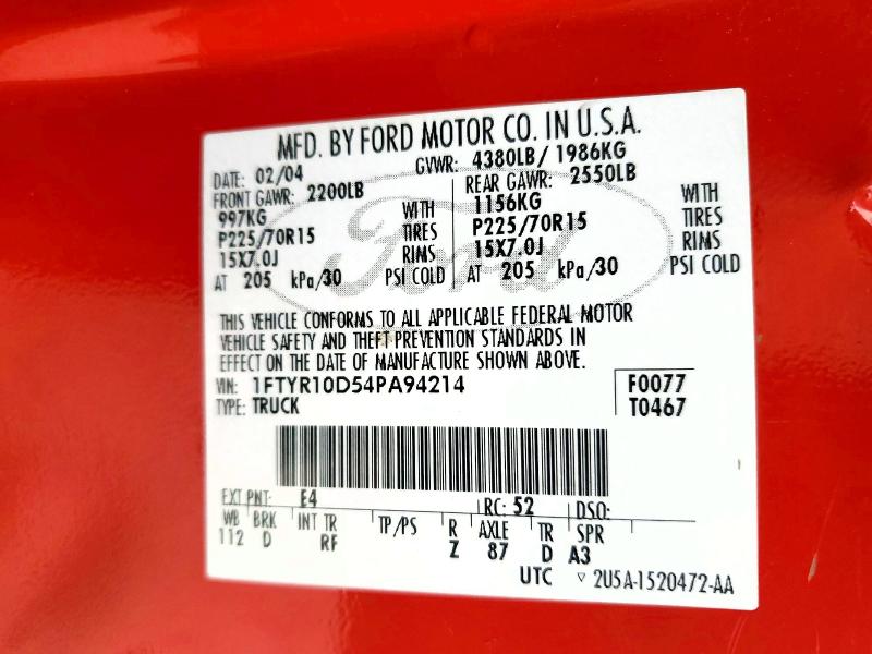 2004 Ford Ranger მანქანა იყიდება აუქციონზე, vin: 1FTYR10D54PA94214, აუქციონის ნომერი: 57762646