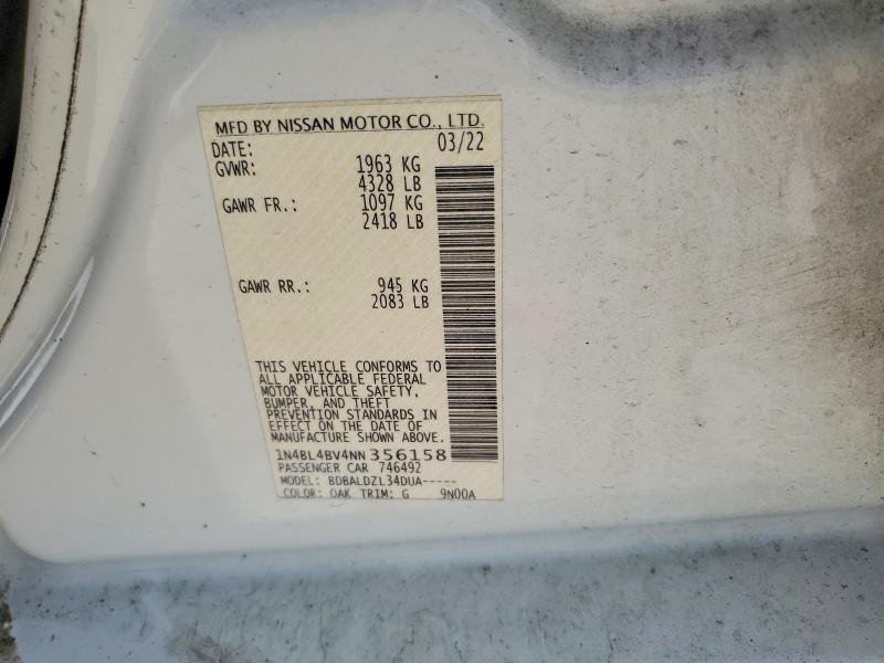 2022 Nissan Altima მანქანა იყიდება აუქციონზე, vin: 1N4BL4BV4NN356158, აუქციონის ნომერი: 55703186