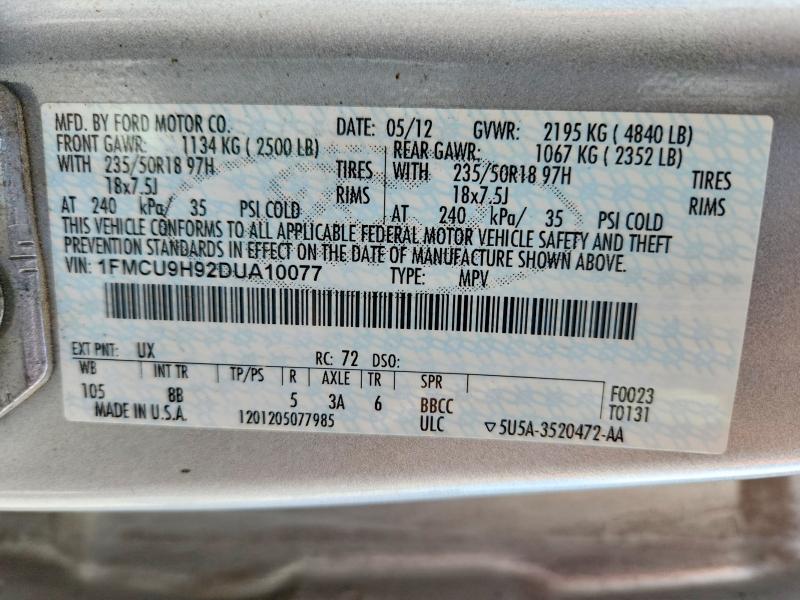2013 Ford Escape მანქანა იყიდება აუქციონზე, vin: 1FMCU9H92DUA10077, აუქციონის ნომერი: 55978306
