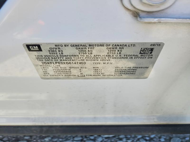 Aukcja sprzedaży 2016 Gmc Terrain, vin: 2GKFLPE3XG6147459, numer aukcji: 55971266