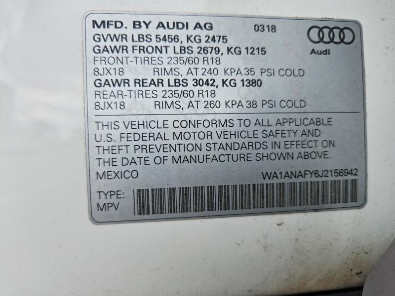 58293976 :رقم المزاد ، WA1ANAFY6J2156942 vin ، 2018 Audi Q5 مزاد بيع